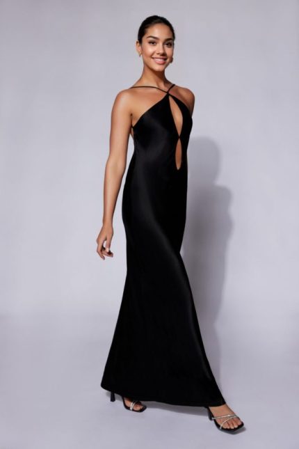 Lucia Satin Cut Out Maxi Dress – Black